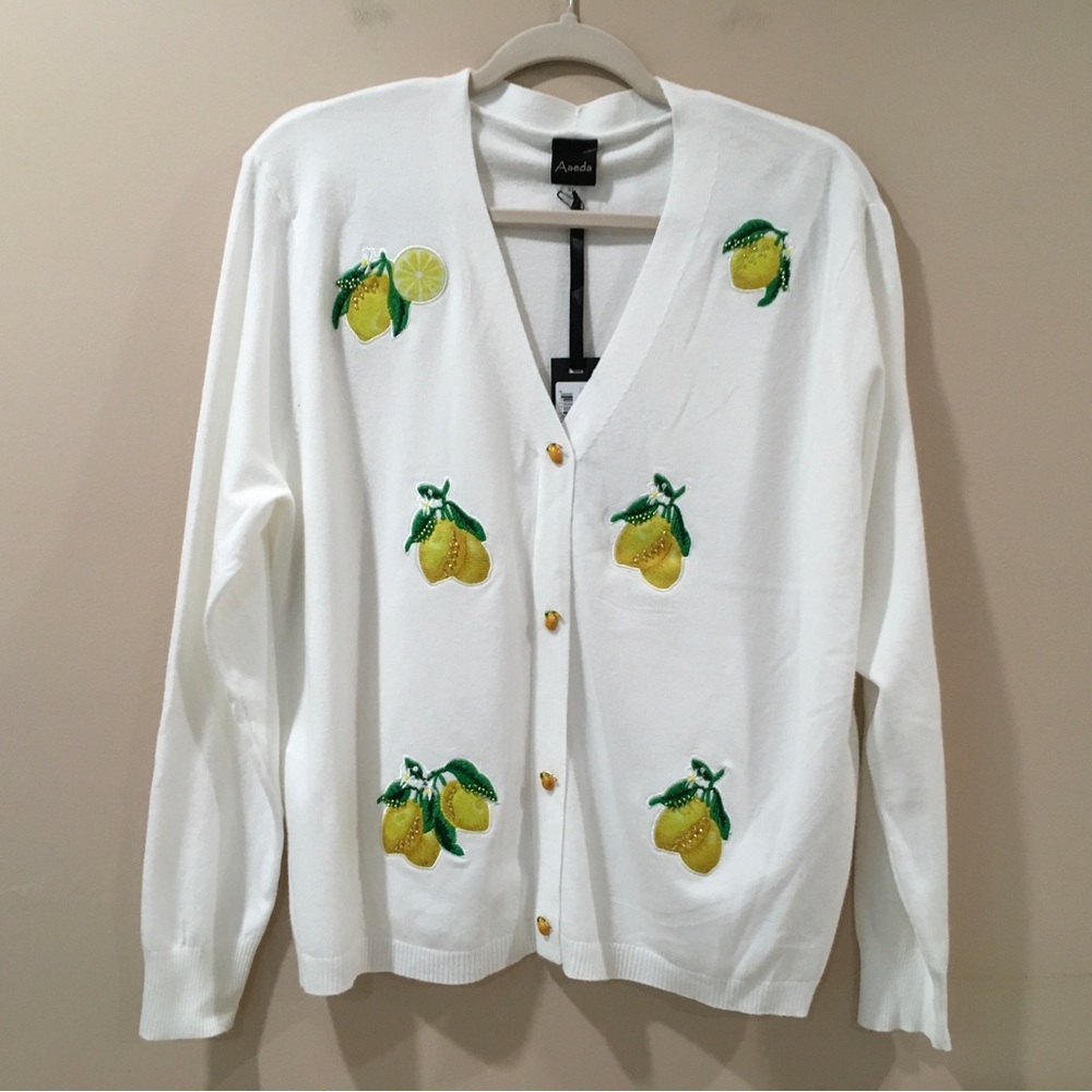 Aaeda Cardigan Sweater Button White Embroidered Lemons Knit Classic Women XL